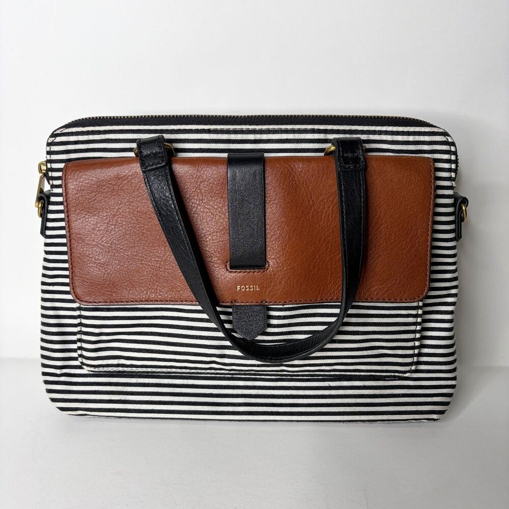 Fossil Kinley Satchel Purse Handbag Striped Black White Brown Rectangle Boho
